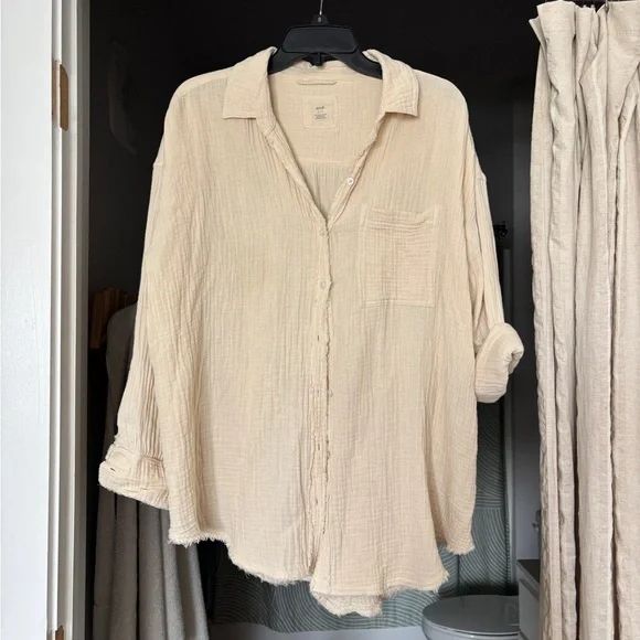 Aerie Casual Oversized Cotton Muslin Button Up/Bathing Suit Cover - Picture 1 of 5